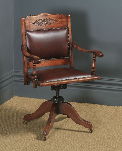 Antique English Edwardian Aesthetic Oak & Red Leather Revolving Office Desk Arm Chair (Circa 1910)