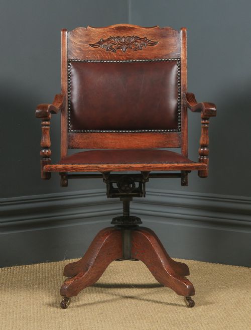 fig 1. Antique English Edwardian Aesthetic Oak & Red Leather Revolving Office Desk Arm Chair (Circa 1910)