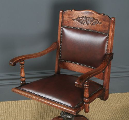 fig 2. Antique English Edwardian Aesthetic Oak & Red Leather Revolving Office Desk Arm Chair (Circa 1910)
