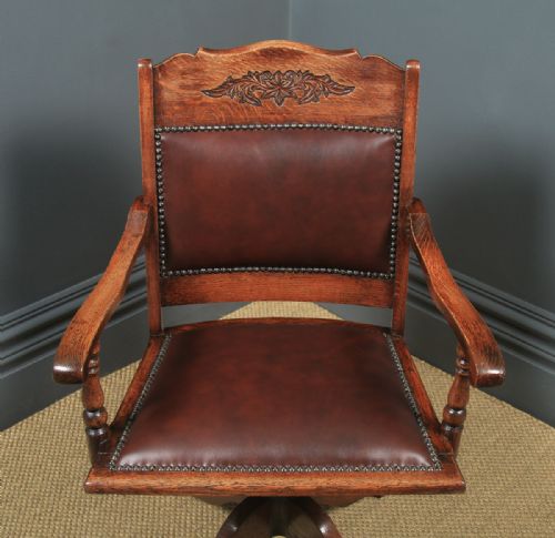 fig 3. Antique English Edwardian Aesthetic Oak & Red Leather Revolving Office Desk Arm Chair (Circa 1910)