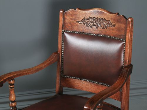 fig 4. Antique English Edwardian Aesthetic Oak & Red Leather Revolving Office Desk Arm Chair (Circa 1910)