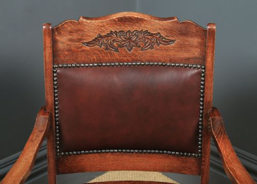 fig 5. Antique English Edwardian Aesthetic Oak & Red Leather Revolving Office Desk Arm Chair (Circa 1910)