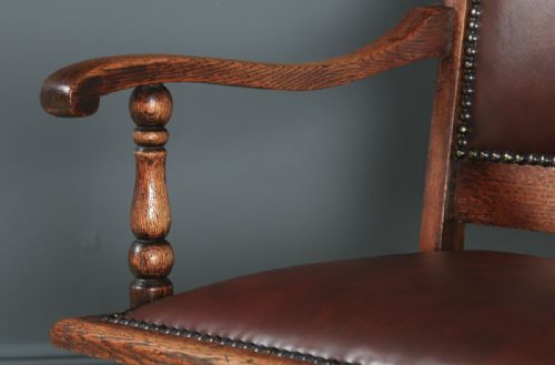fig 7. Antique English Edwardian Aesthetic Oak & Red Leather Revolving Office Desk Arm Chair (Circa 1910)