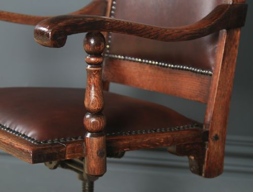 fig 8. Antique English Edwardian Aesthetic Oak & Red Leather Revolving Office Desk Arm Chair (Circa 1910)