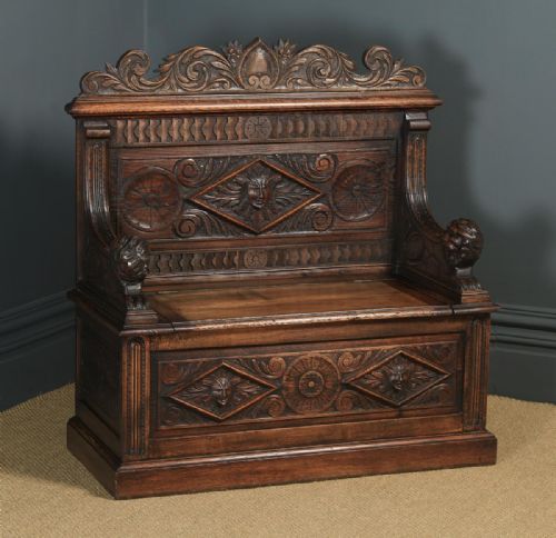 Antique English Victorian Carved Oak High Back Hall Monks Bench Settle (Circa 1870)