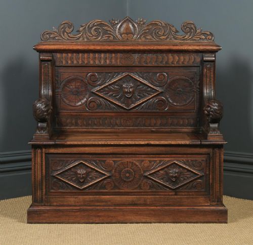 fig 1. Antique English Victorian Carved Oak High Back Hall Monks Bench Settle (Circa 1870)