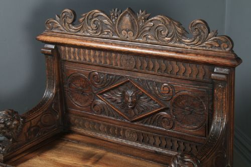 fig 2. Antique English Victorian Carved Oak High Back Hall Monks Bench Settle (Circa 1870)