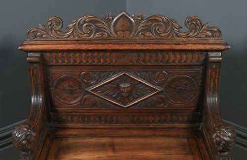 fig 3. Antique English Victorian Carved Oak High Back Hall Monks Bench Settle (Circa 1870)