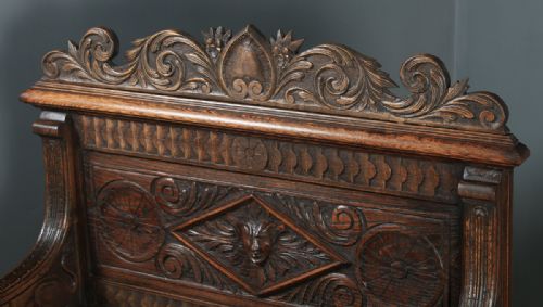 fig 4. Antique English Victorian Carved Oak High Back Hall Monks Bench Settle (Circa 1870)