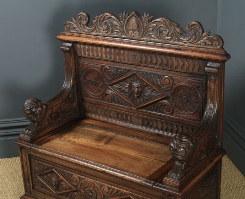 fig 6. Antique English Victorian Carved Oak High Back Hall Monks Bench Settle (Circa 1870)