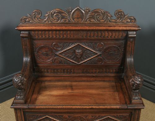 fig 7. Antique English Victorian Carved Oak High Back Hall Monks Bench Settle (Circa 1870)