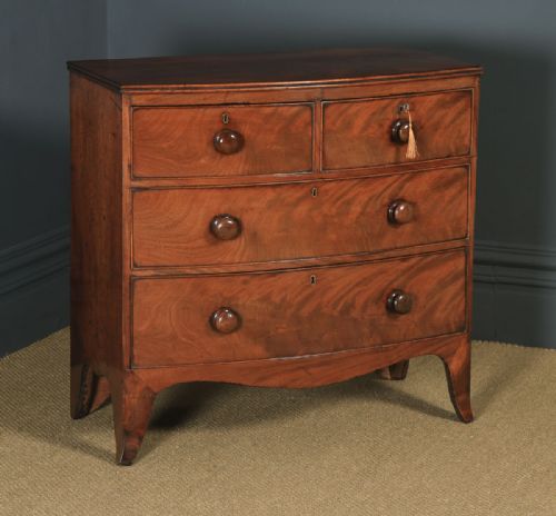 fig 1. Antique English Georgian Regency Flame Mahogany Bow Front Chest of Drawers (Circa 1820)
