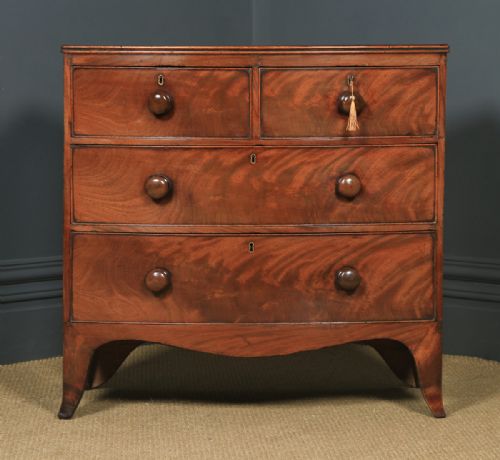 fig 2. Antique English Georgian Regency Flame Mahogany Bow Front Chest of Drawers (Circa 1820)