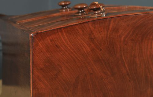 fig 4. Antique English Georgian Regency Flame Mahogany Bow Front Chest of Drawers (Circa 1820)