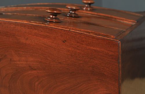 fig 6. Antique English Georgian Regency Flame Mahogany Bow Front Chest of Drawers (Circa 1820)