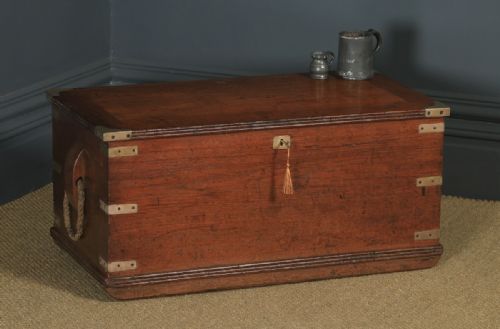 Antique English Victorian Teak & Brass Mounted Campaign Trunk Blanket Box / Chest / Coffee Table (Circa 1850)