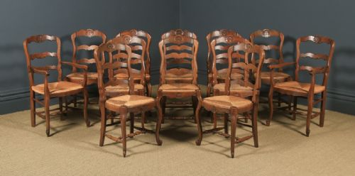 Antique French Set of 12 Twelve Louis XV Style Oak Ladder Back Kitchen Dining Chairs (Circa 1920)