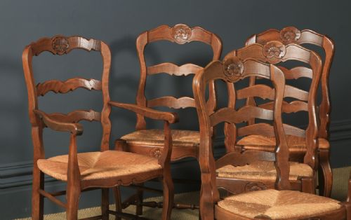 fig 1. Antique French Set of 12 Twelve Louis XV Style Oak Ladder Back Kitchen Dining Chairs (Circa 1920)