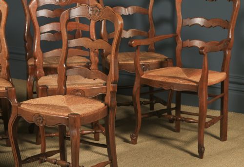 fig 2. Antique French Set of 12 Twelve Louis XV Style Oak Ladder Back Kitchen Dining Chairs (Circa 1920)