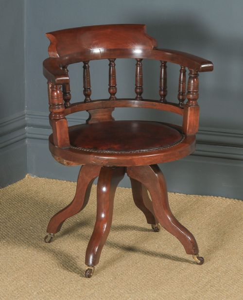 Antique English Victorian Mahogany & Burgundy Red Leather Revolving Swivel Office Desk Arm Chair (Circa 1890)