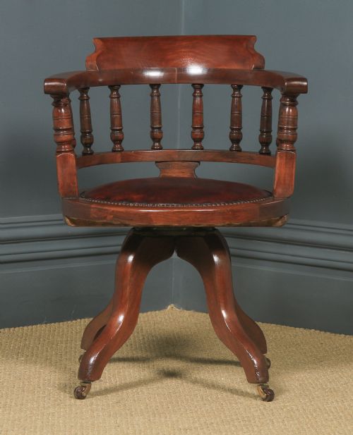 fig 1. Antique English Victorian Mahogany & Burgundy Red Leather Revolving Swivel Office Desk Arm Chair (Circa 1890)