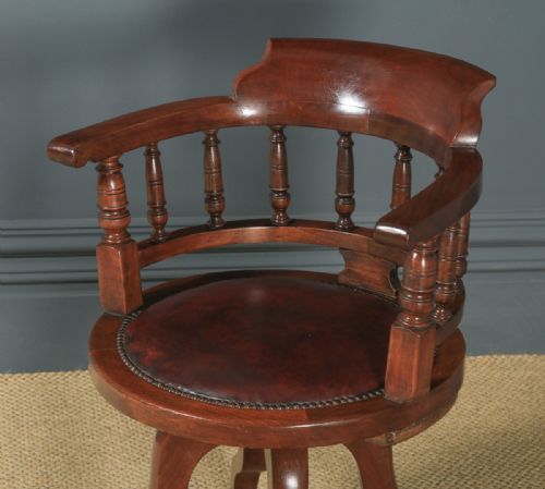 fig 2. Antique English Victorian Mahogany & Burgundy Red Leather Revolving Swivel Office Desk Arm Chair (Circa 1890)