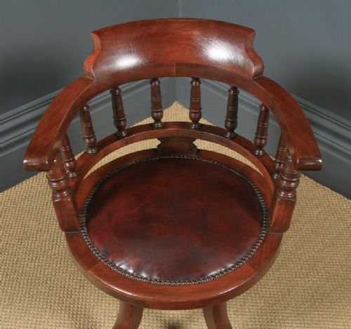 fig 3. Antique English Victorian Mahogany & Burgundy Red Leather Revolving Swivel Office Desk Arm Chair (Circa 1890)