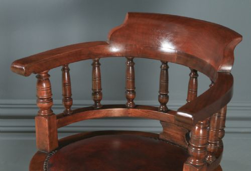 fig 4. Antique English Victorian Mahogany & Burgundy Red Leather Revolving Swivel Office Desk Arm Chair (Circa 1890)