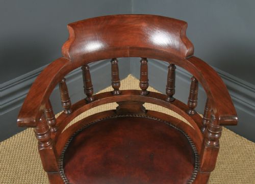 fig 5. Antique English Victorian Mahogany & Burgundy Red Leather Revolving Swivel Office Desk Arm Chair (Circa 1890)