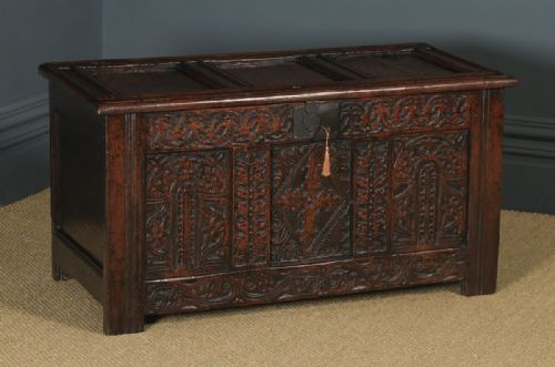 fig 1. Antique English Georgian Oak Carved Triple Panel Coffer Chest Blanket Box (Circa 1730)