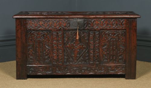fig 2. Antique English Georgian Oak Carved Triple Panel Coffer Chest Blanket Box (Circa 1730)