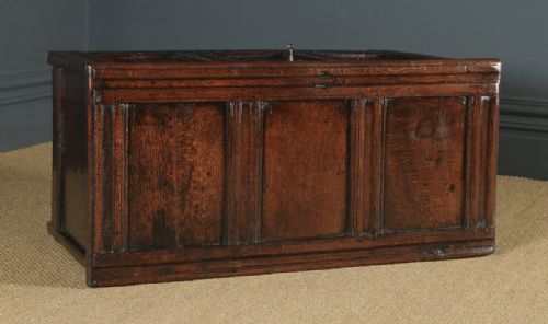 fig 3. Antique English Georgian Oak Carved Triple Panel Coffer Chest Blanket Box (Circa 1730)