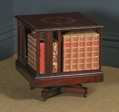 Small Antique English Edwardian Mahogany & Satinwood Inlaid Revolving Bookcase Stand (Circa 1910)