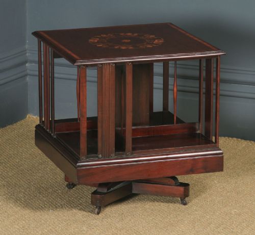 fig 1. Small Antique English Edwardian Mahogany & Satinwood Inlaid Revolving Bookcase Stand (Circa 1910)
