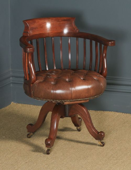 Antique English Victorian Mahogany & Brown Leather Revolving Office Desk Chair (Circa 1880)
