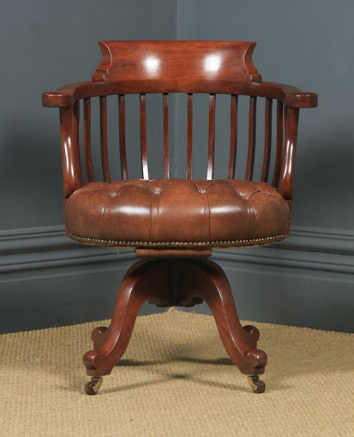 fig 1. Antique English Victorian Mahogany & Brown Leather Revolving Office Desk Chair (Circa 1880)