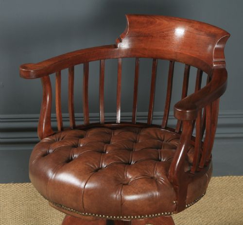 fig 2. Antique English Victorian Mahogany & Brown Leather Revolving Office Desk Chair (Circa 1880)