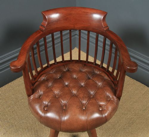 fig 3. Antique English Victorian Mahogany & Brown Leather Revolving Office Desk Chair (Circa 1880)