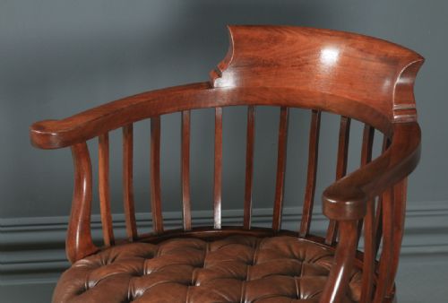 fig 4. Antique English Victorian Mahogany & Brown Leather Revolving Office Desk Chair (Circa 1880)