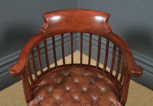 fig 5. Antique English Victorian Mahogany & Brown Leather Revolving Office Desk Chair (Circa 1880)