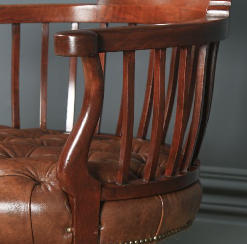 fig 6. Antique English Victorian Mahogany & Brown Leather Revolving Office Desk Chair (Circa 1880)