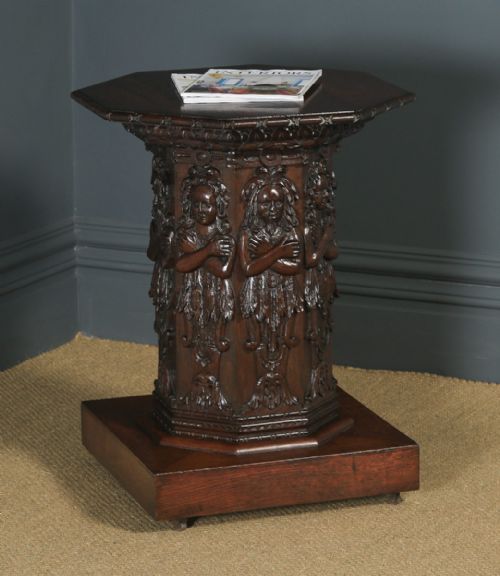 Antique English Victorian Oak Gothic Style Carved Octagonal Occasional Table (Circa 1860)