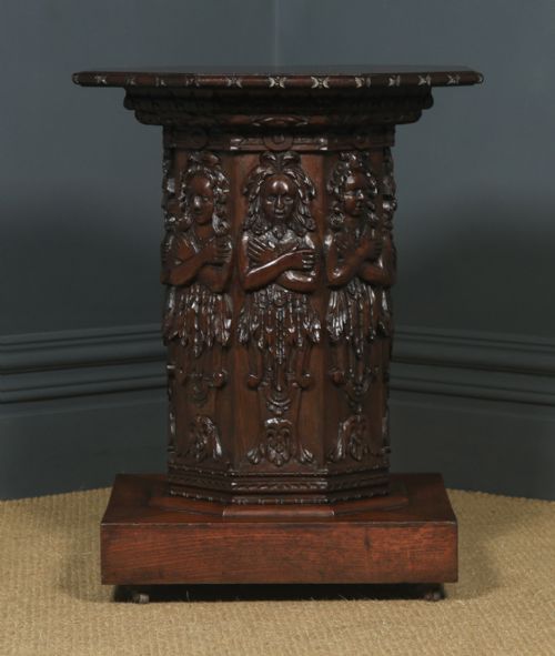 fig 1. Antique English Victorian Oak Gothic Style Carved Octagonal Occasional Table (Circa 1860)