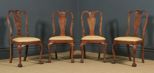 fig 1. Antique English Edwardian Queen Anne Style Set of 4 Four Burr Walnut Dining Chairs (Circa 1900)