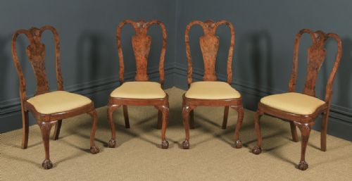 fig 2. Antique English Edwardian Queen Anne Style Set of 4 Four Burr Walnut Dining Chairs (Circa 1900)