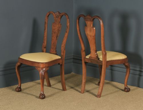 fig 3. Antique English Edwardian Queen Anne Style Set of 4 Four Burr Walnut Dining Chairs (Circa 1900)
