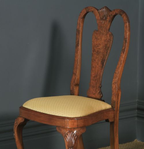 fig 4. Antique English Edwardian Queen Anne Style Set of 4 Four Burr Walnut Dining Chairs (Circa 1900)