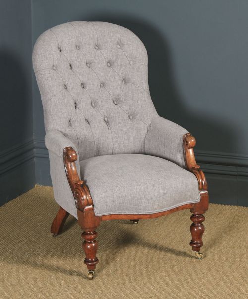 Antique English Victorian Mahogany Grey Upholstered Armchair (Circa 1870)