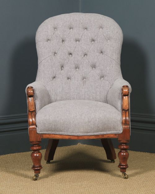 fig 1. Antique English Victorian Mahogany Grey Upholstered Armchair (Circa 1870)