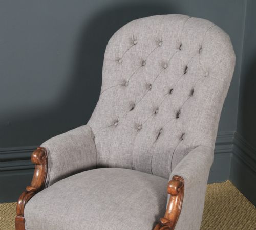 fig 2. Antique English Victorian Mahogany Grey Upholstered Armchair (Circa 1870)